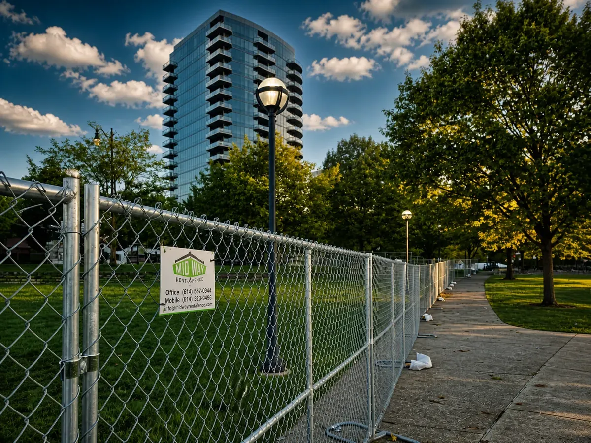 Midway panels installed on a Columbus street — Midway Rent-A-Fence