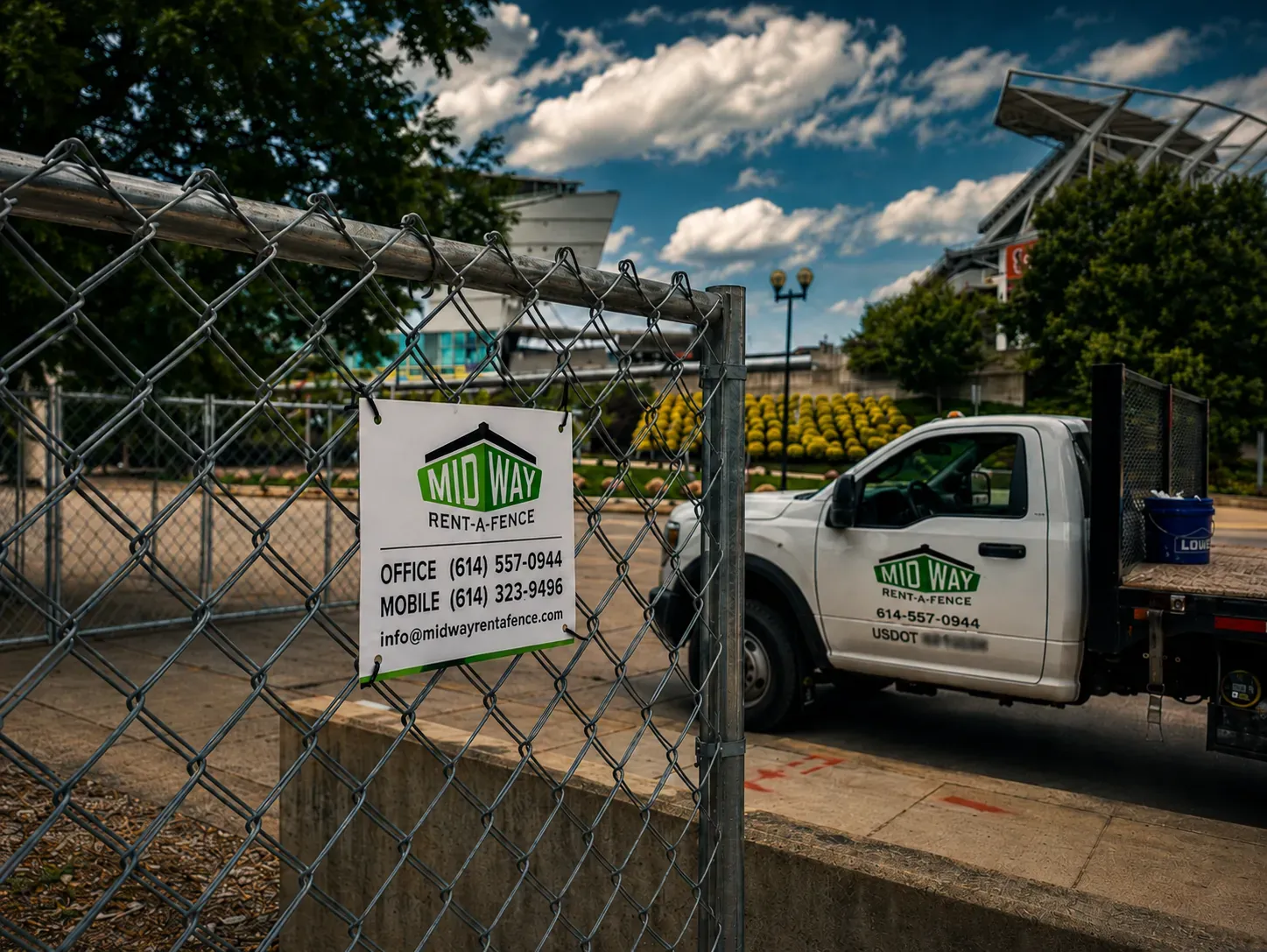 A Midway Rent-A-Fence chain-link run with the company's sign on it, and a Midway truck parked alongside in Columbus, Ohio